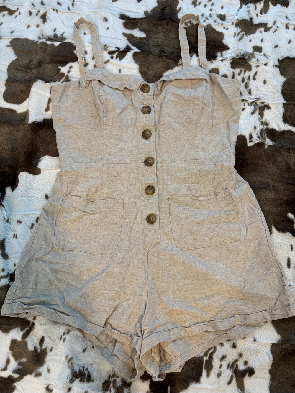 Women's Beige Button-Front Linen Blend Shorts Romper